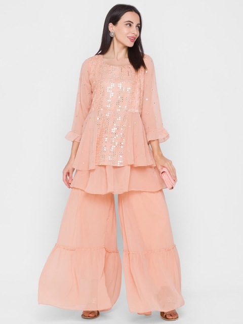 

ZOLA Women Peach-Coloured Embroidered Layered Mirror Work Kurta with Sharara