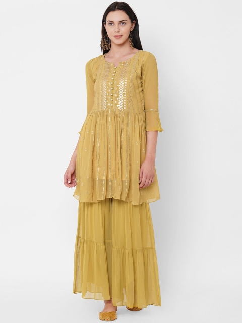 

ZOLA Women Mustard Yellow Floral Embroidered High Slit Kurta with Sharara