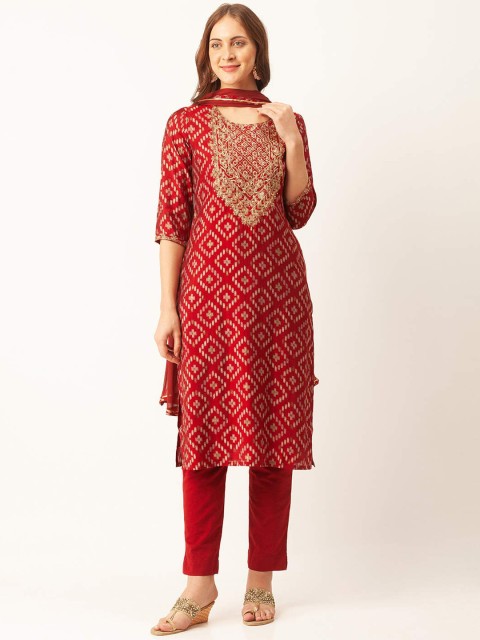 

ZOLA Women Red Ethnic Motifs Mirror Work Kurta with Trousers With Dupatta