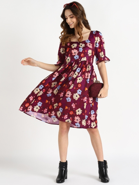 

shashvi Women Pink & Maroon Floral Printed Crepe Fit and Flare Dress