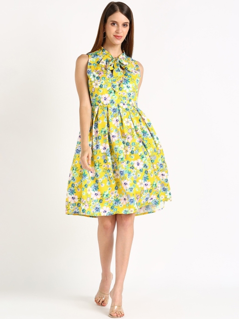 

shashvi Yellow & Green Floral Printed Tie-Up Neck Crepe Dress