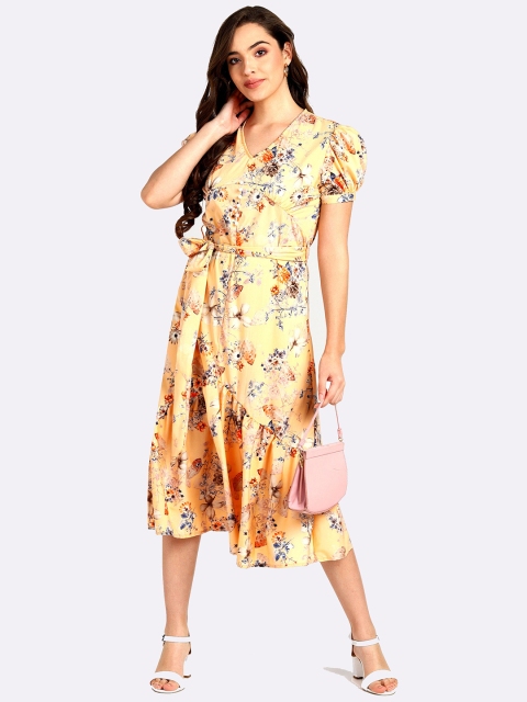 

shashvi Yellow & Blue Floral Crepe Fit & Flare Midi Dress