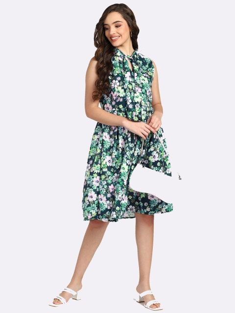 

shashvi Green & Pink Floral Tie-Up Neck Crepe Dress