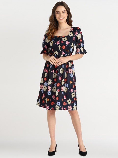 

shashvi Women Black Floral Printed Crepe Fit and Flare Dress