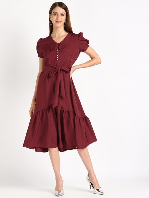 

shashvi Maroon Crepe Midi Dress