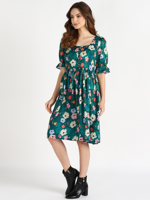 

shashvi Women Green Floral Printed Crepe Fit and Flare Dress