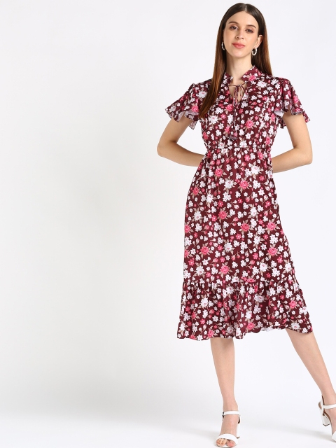 

shashvi Maroon Floral Crepe Shirt Midi Dress