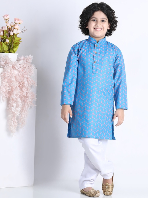 

Kidling Boys Turquoise Blue Floral Printed Kurta with Pyjama