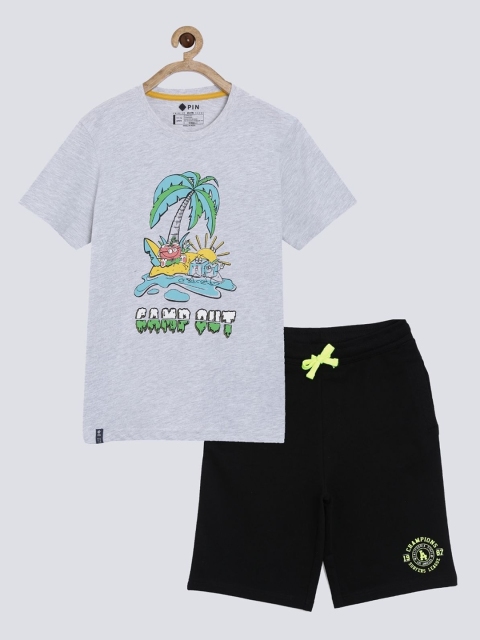 

3PIN Boys Grey Melange & Black Printed Pure Cotton T-shirt with Shorts