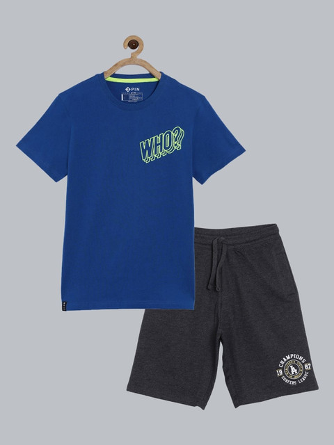 

3PIN Boys Blue & Grey Melange Printed T-shirt with Shorts
