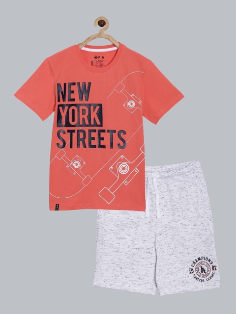 

3PIN Boys Peach-Coloured & Grey Melange Printed Cotton T-shirt with Shorts