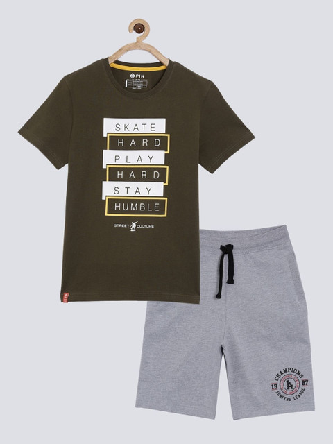 

3PIN Boys Olive Green & Grey Printed Cotton T-shirt with Shorts