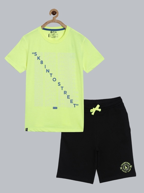 

3PIN Boys Fluorescent Green & Black Printed T-shirt with Shorts