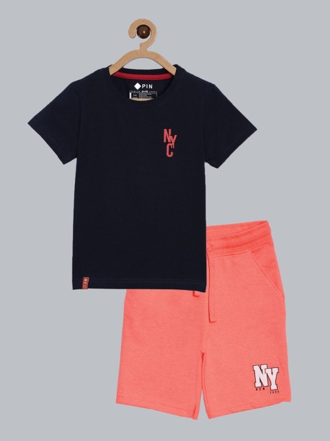 

3PIN Boys Black & Peach-Coloured Pure Cotton T-shirt with Shorts