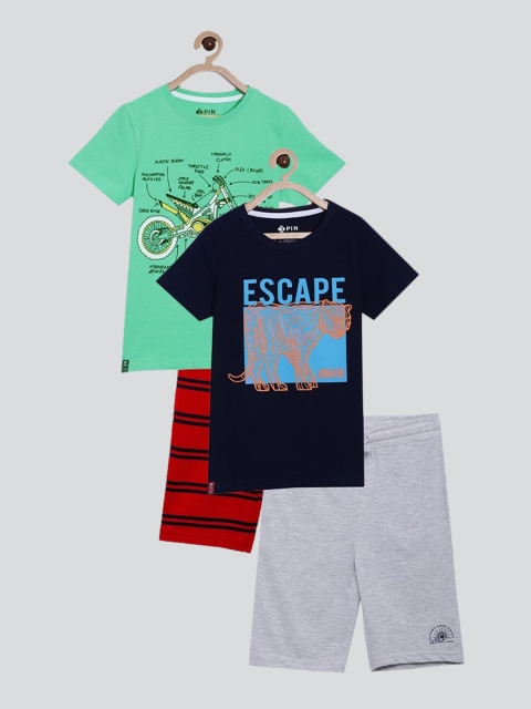 

3PIN Pack of 2 Boys Sea Green & Navy Blue Printed Pure Cotton T-shirt with Shorts
