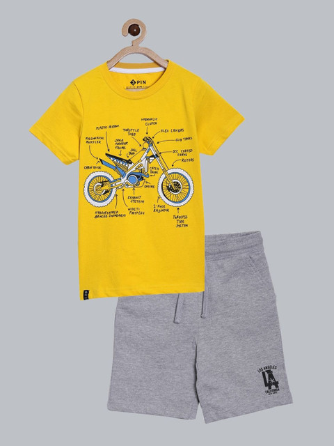 

3PIN Boys Yellow & Grey Printed Pure Cotton T-shirt with Shorts