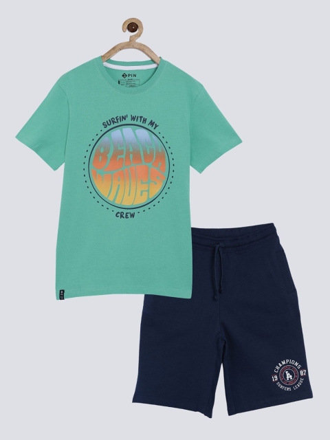 

3PIN Boys Green & Navy Blue Printed Pure Cotton T-shirt with Shorts