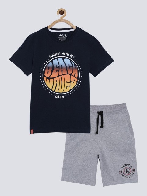 

3PIN Boys Navy Blue & Grey Printed Pure Cotton T-shirt with Shorts