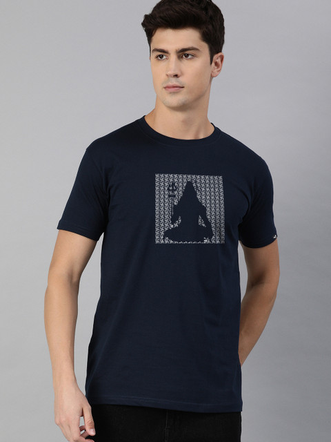 

UNSULLY Men Navy Blue Typography Printed Extended Sleeves Applique T-shirt