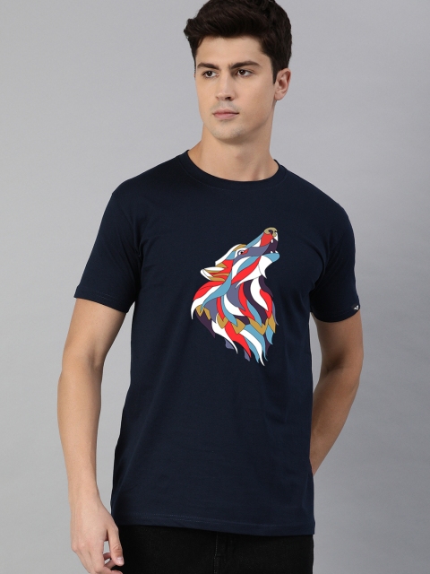 

UNSULLY Men Navy Blue Printed Applique T-shirt