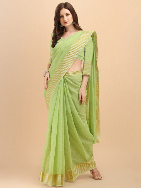 

Wuxi Lime Green & Gold-Toned Woven Design Zari Pure Cotton Banarasi Saree