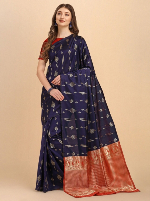 

Wuxi Navy Blue & Gold-Toned Woven Design Zari Pure Banarasi Silk Saree