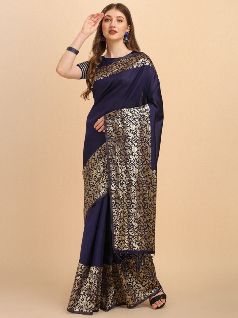 

Wuxi Navy Blue & Gold-Toned Woven Design Pure Silk Banarasi Saree
