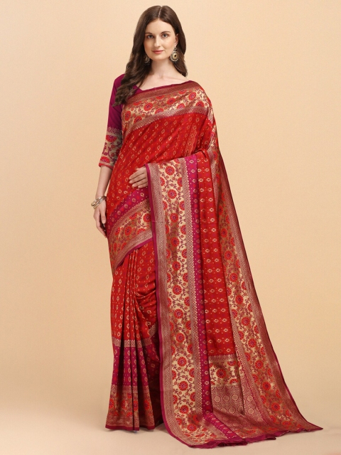 

Wuxi Women Red & Gold-Toned Woven Design Pure Silk Banarasi Saree