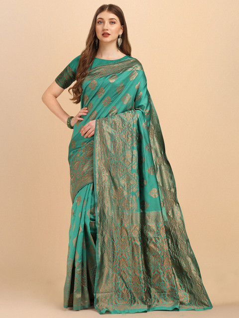 

Wuxi Green & Copper-Toned Woven Design Pure Silk Banarasi Saree