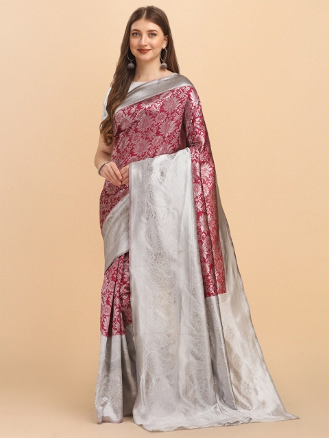 

Wuxi Magenta & Silver-Toned Floral Woven Design Zari Pure Silk Banarasi Saree