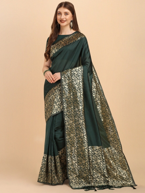 

Wuxi Green & Grey Ethnic Motifs Woven Design Pure Silk Banarasi Saree