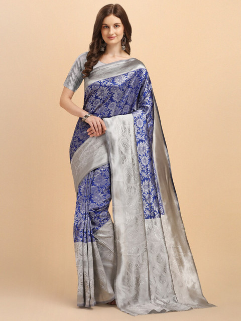 

Wuxi Navy Blue & Silver-Toned Floral Woven Design Pure Silk Banarasi Saree