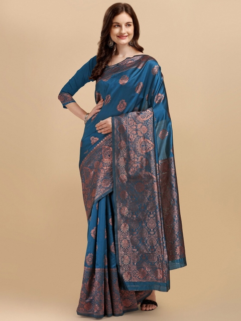 

Wuxi Women Teal & Copper-Toned Woven Design Pure Silk Banarasi Saree