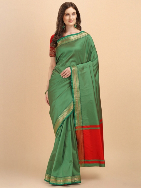 

Wuxi Lime Green & Red Woven Design Pure Silk Banarasi Saree
