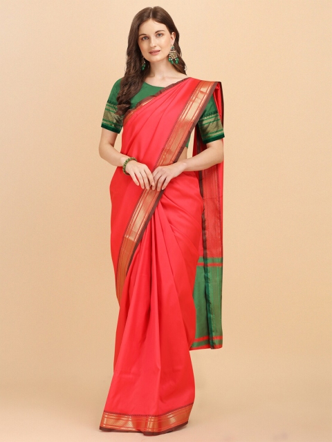 

Wuxi Pink & Green Woven Design Zari Pure Silk Banarasi Saree