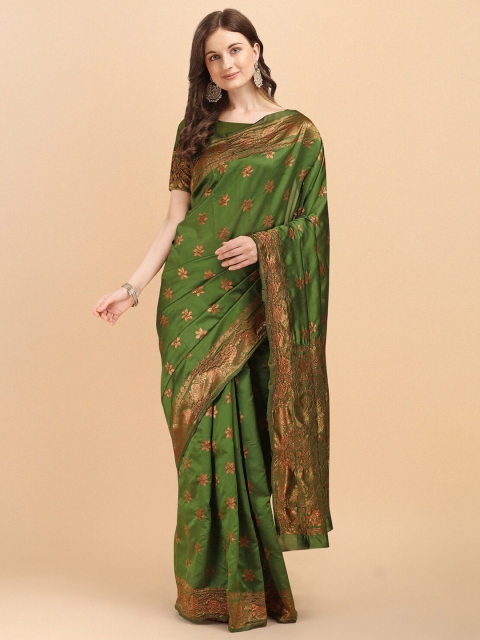 

Wuxi Green & Brown Floral Zari Pure Silk Banarasi Saree