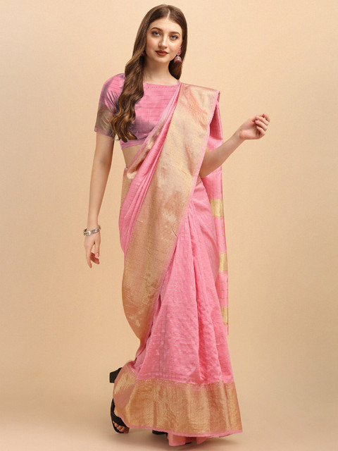 

Wuxi Pink & Gold-Toned Woven Design Pure Silk Banarasi Saree