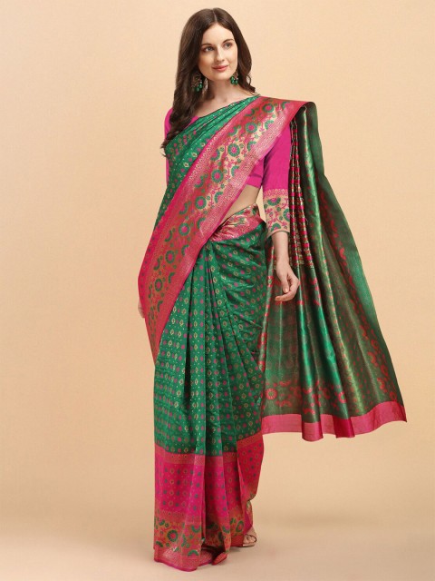 

Wuxi Green & Pink Woven Design Zari Banarasi Saree
