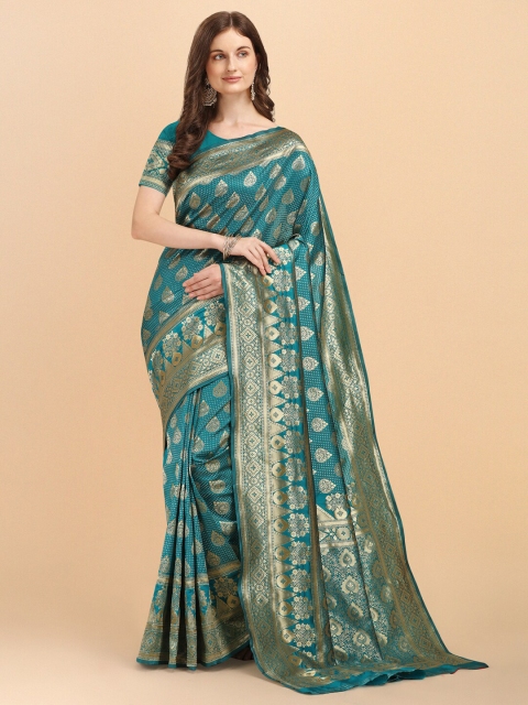 

Wuxi Teal & Gold-Toned Woven Design Zari Pure Silk Banarasi Saree