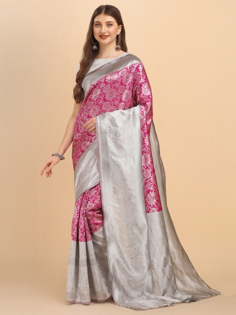 

Wuxi Pink & Silver-Toned Woven Design Pure Silk Banarasi Saree
