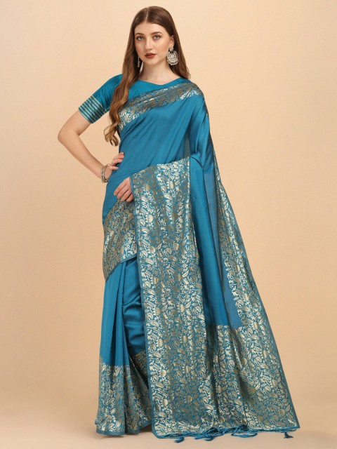 

Wuxi Teal & Silver-Toned Woven Design Zari Pure Silk Banarasi Saree