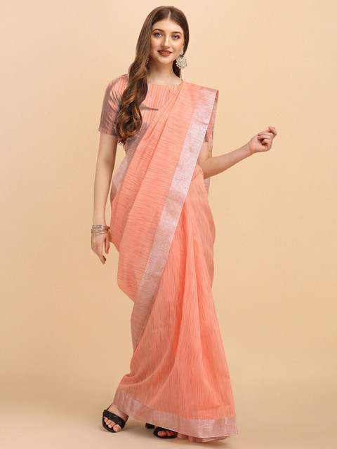 

Wuxi Peach-Coloured & Silver-Toned Woven Design Zari Pure Silk Banarasi Saree