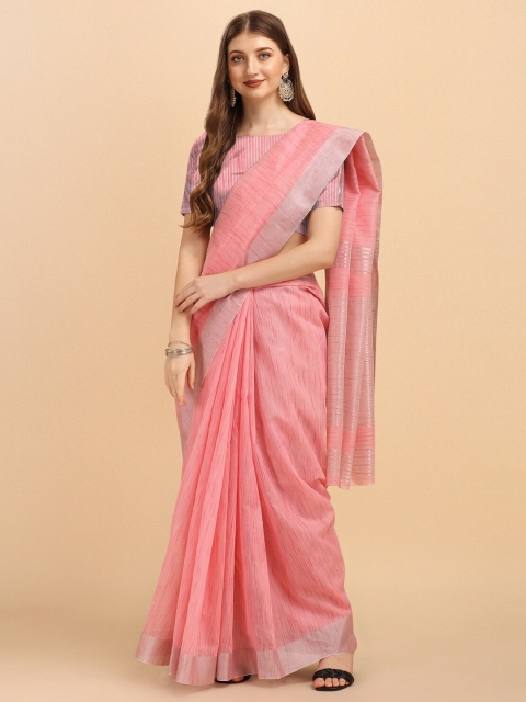 

Wuxi Pink & Silver-Toned Woven Design Zari Pure Silk Banarasi Saree