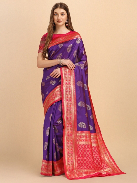 

Wuxi Purple & Red Woven Design Zari Pure Silk Banarasi Saree