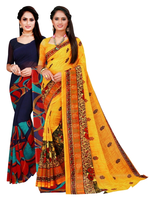 

Florence Navy Blue & Yellow Pure Georgette Saree