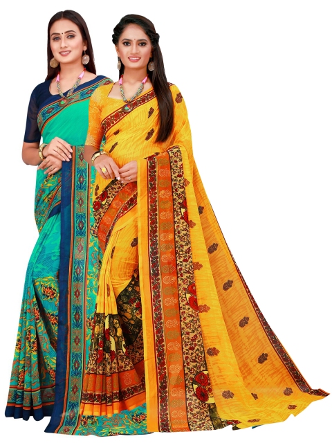 

Florence Green & Yellow Pure Georgette Saree