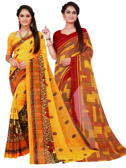 

Florence Yellow & Maroon Pure Georgette Saree