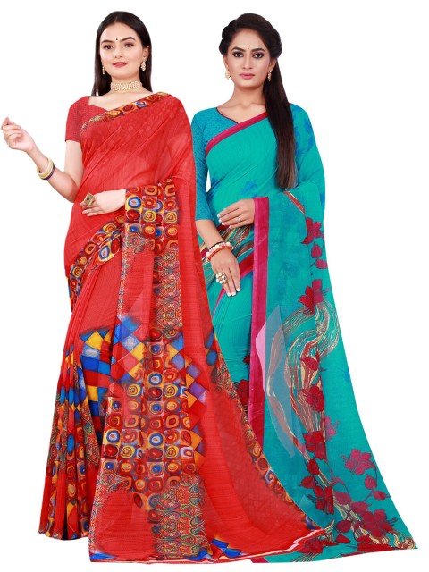 

KALINI Red & Turquoise Blue Pure Georgette Saree
