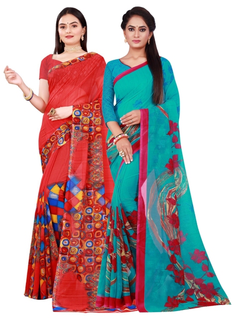 

Florence Red & Turquoise Blue Set Of 2 Floral Pure Georgette Saree