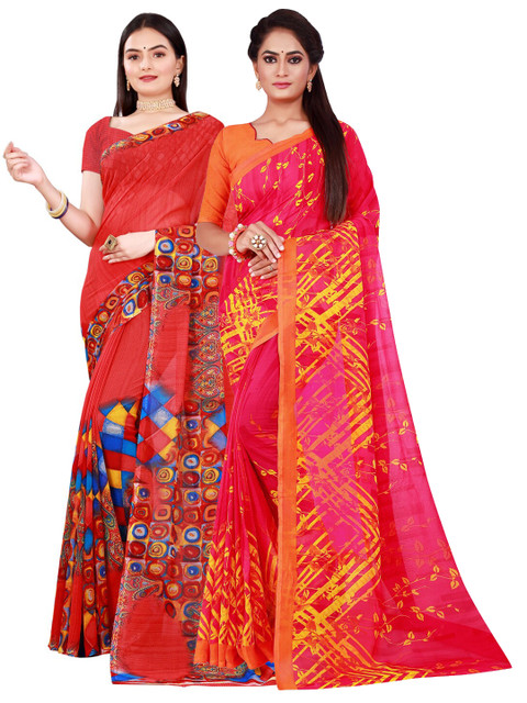 

Florence Red & Magenta Set Of 2 Floral Pure Georgette Saree